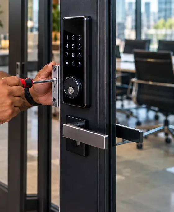 Keypad deadbolt latch fastened in a black-framed glass office door – Tribeca, Manhattan Hand driving a screw into the latch faceplate of a keypad smart deadbolt on a black-framed glass office door, Tribeca Manhattan smart lock installation