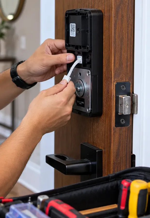 Ribbon cable connected inside a smart deadbolt's interior housing – Tribeca, Manhattan Hands plugging a thin white ribbon cable into the interior housing of a smart deadbolt on a wood door, Tribeca Manhattan smart lock installation