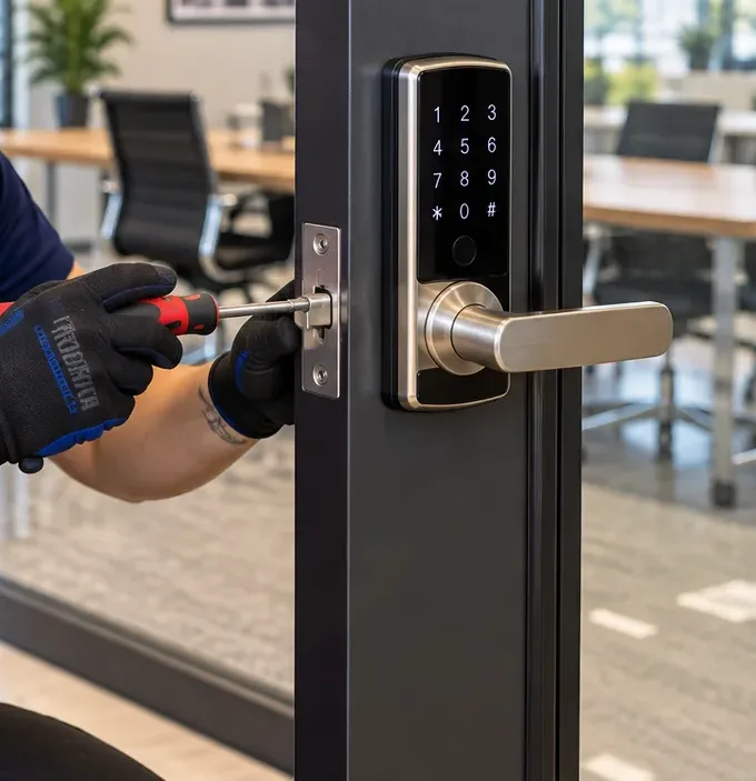 Keypad lever lock latch being fastened on a glass-panel office door – Tribeca, Manhattan Gloved hands fastening the latch of a brushed keypad lever lock on a dark glass-panel door in an open office, Tribeca Manhattan commercial smart lock installation