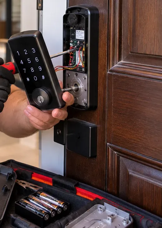 Smart lock keypad opened to service its wiring – Tribeca, Manhattan Gloved hand holding a smart lock keypad away from the door to reach its wiring and circuit board during a repair, Tribeca Manhattan smart lock service