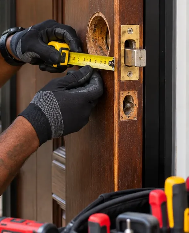 Tape measure across an empty deadbolt bore to check backset – Tribeca smart lock survey, Manhattan Gloved hands holding a tape measure across the empty deadbolt bore of a wood door to check the backset, Tribeca Manhattan smart lock installation survey