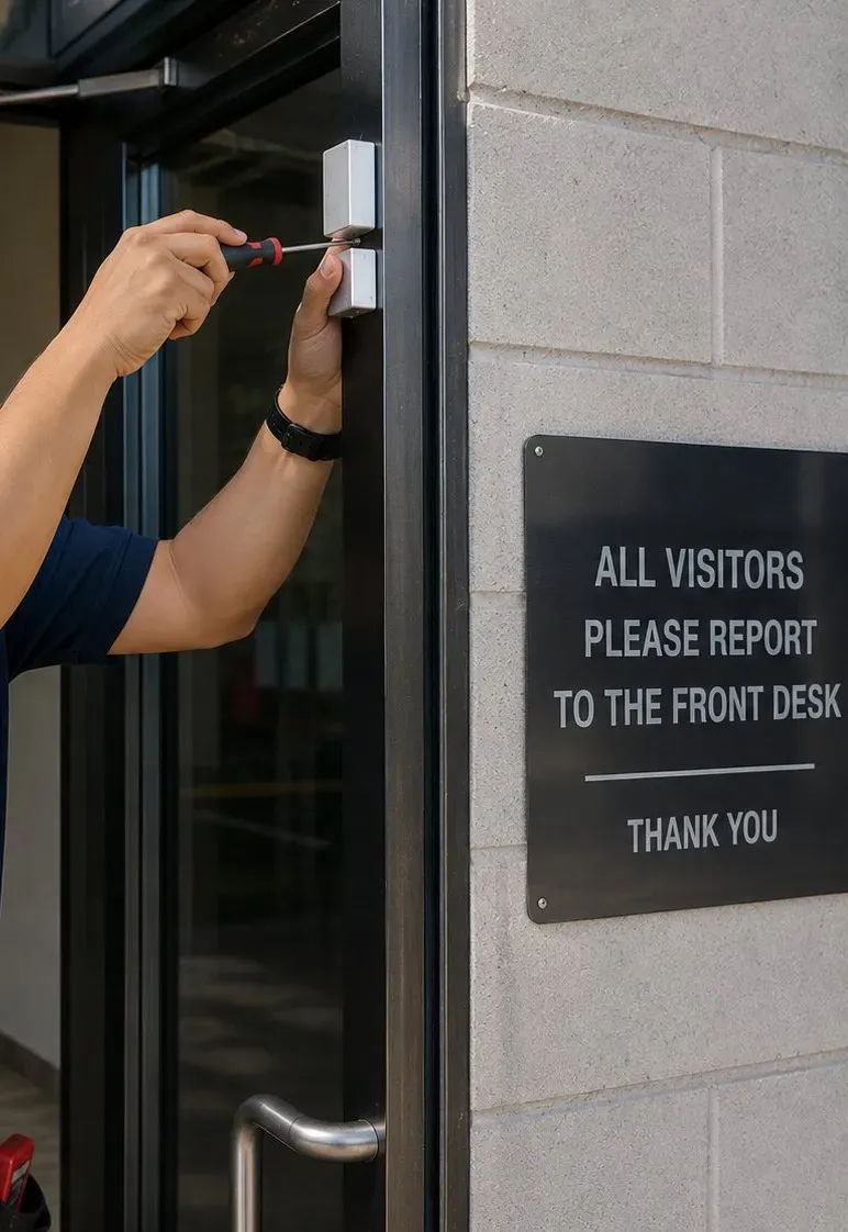 Door position contact fitted at the head of a glass lobby door – Upper East Side, Manhattan Hands fitting a door position contact to the top of a glass door frame beside a front-desk sign, Upper East Side Manhattan smart lock installation