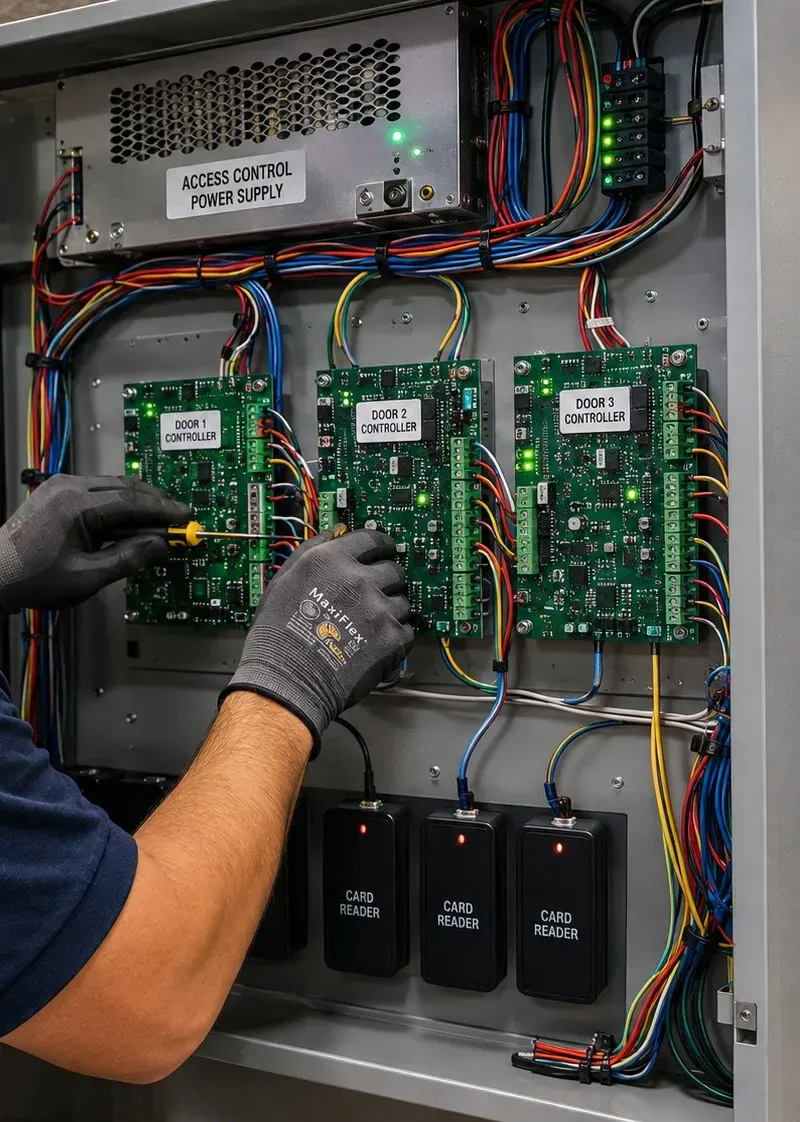 Three door controller boards in an open access control enclosure – Upper East Side, Manhattan Gloved hands working on three door controller boards in an open access control enclosure with card readers below, Upper East Side Manhattan smart lock installation