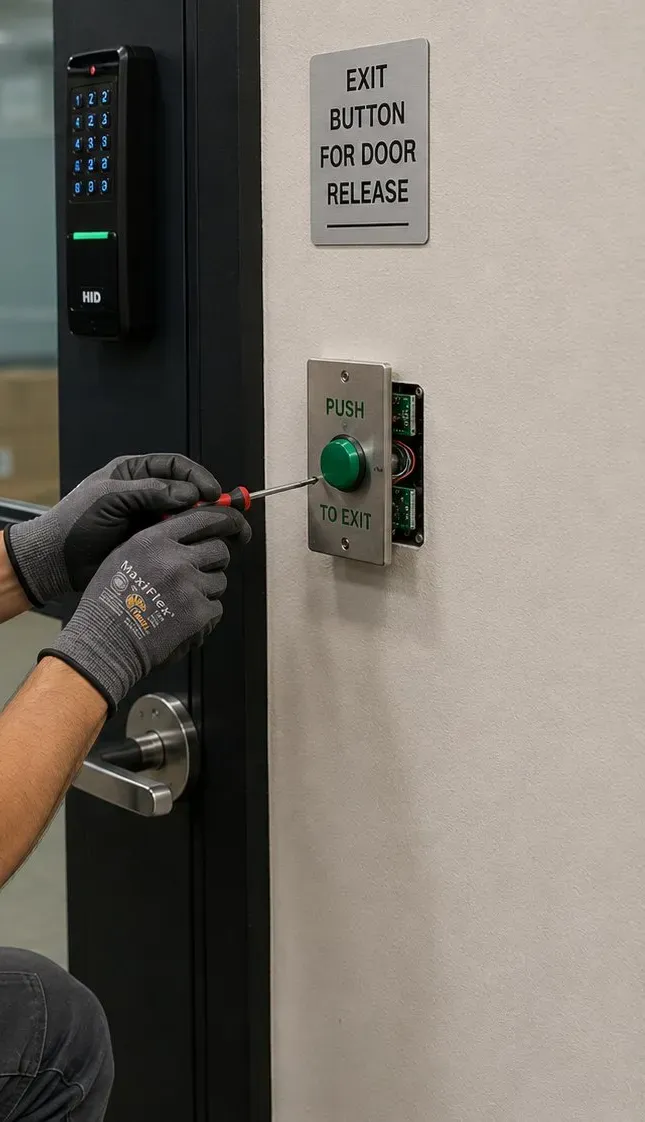 Green exit button wired beneath a keypad reader on a door frame – Upper East Side, Manhattan Gloved hands wiring a green push-to-exit button below a keypad reader on a door frame, smart lock installation Upper East Side Manhattan