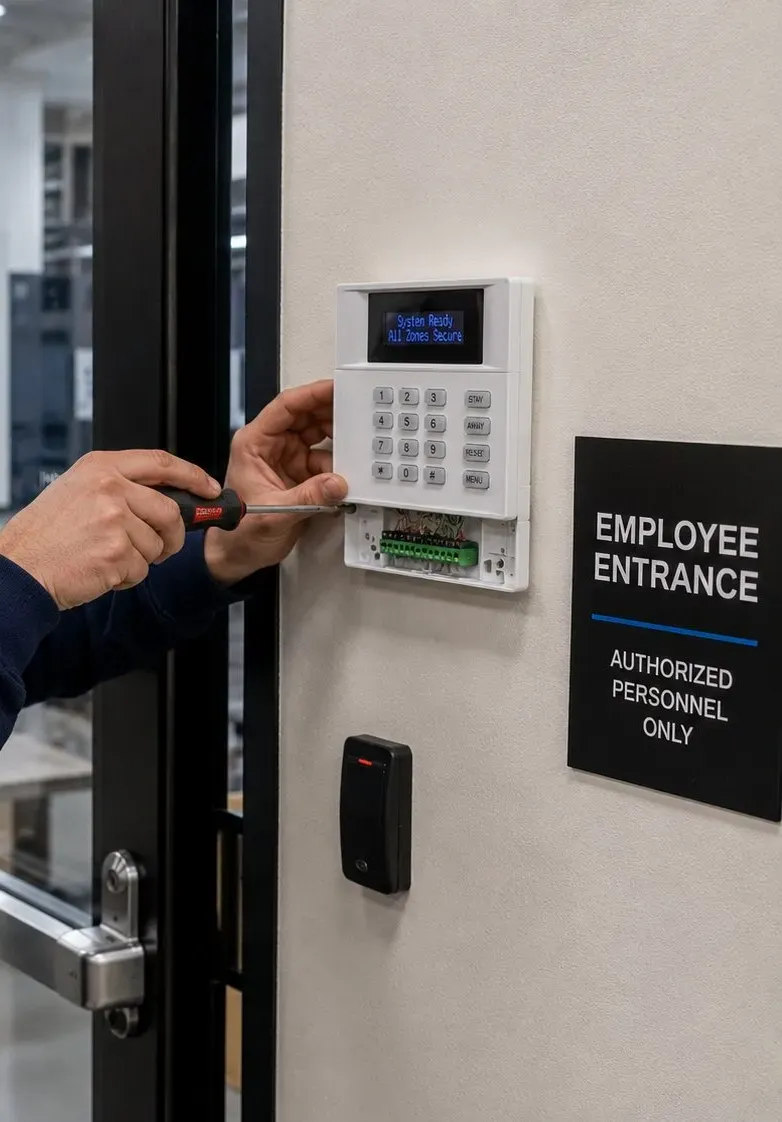 Wall keypad and card reader beside a staff entrance door – Upper East Side, Manhattan Hands fastening a keypad to the wall beside a glass door with a panic bar, above a slim card reader, for staff-door access on the Upper East Side, Manhattan