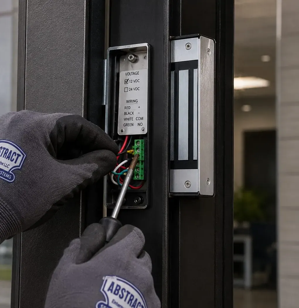 Lock wiring box with voltage and wire-colour label beside a magnetic lock – Upper East Side Manhattan Gloved hands tightening a terminal in a door lock wiring box labelled for 12 or 24 volts beside a magnetic lock, Upper East Side Manhattan smart lock repair