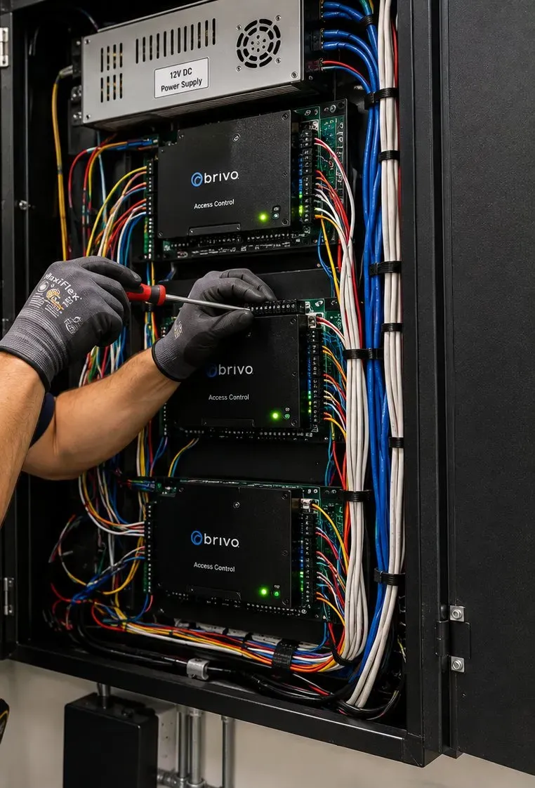 Door controller boards in an open enclosure - the equipment behind gate and suite readers on the Upper West Side, Manhattan Access control boards in an open wall enclosure, Upper West Side Manhattan keyless entry