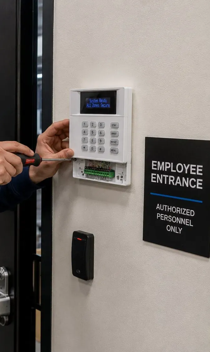 Keypad and card reader beside a staff entrance - business door control for the Upper West Side, Manhattan Wall keypad above a card reader beside an employee entrance sign, Upper West Side Manhattan
