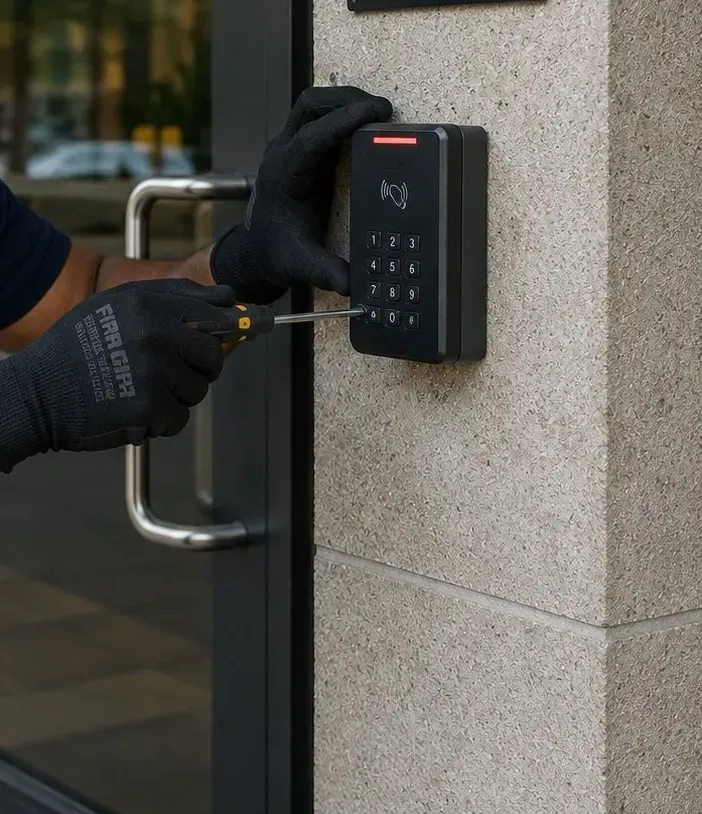 Keypad reader going onto a stone pier beside an entrance - Upper West Side, Manhattan keyless entry Gloved hands fixing a keypad reader to stone beside an entrance, smart lock installation Upper West Side Manhattan
