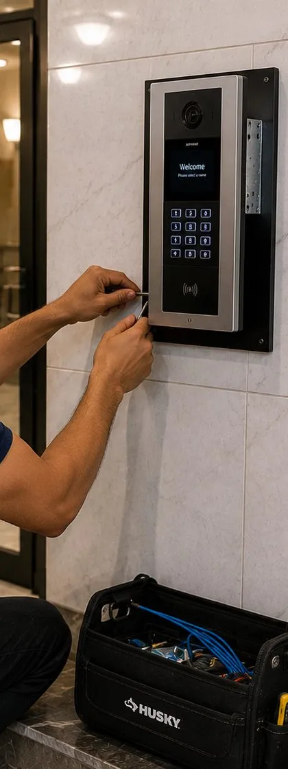 Video intercom panel on a marble lobby wall - building entry in front of Upper West Side, Manhattan apartment doors Video intercom panel with keypad on a marble lobby wall, Upper West Side Manhattan building entry