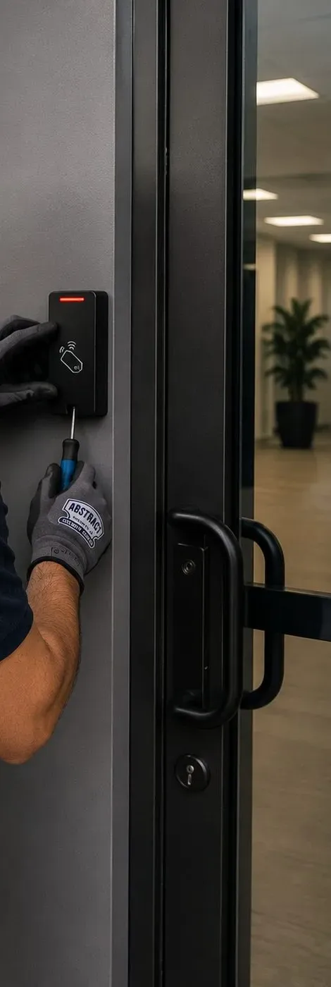 Slim proximity reader on a door frame - suite and gate credentials for the Upper West Side, Manhattan Slim proximity reader mounted on a grey door frame, Upper West Side Manhattan