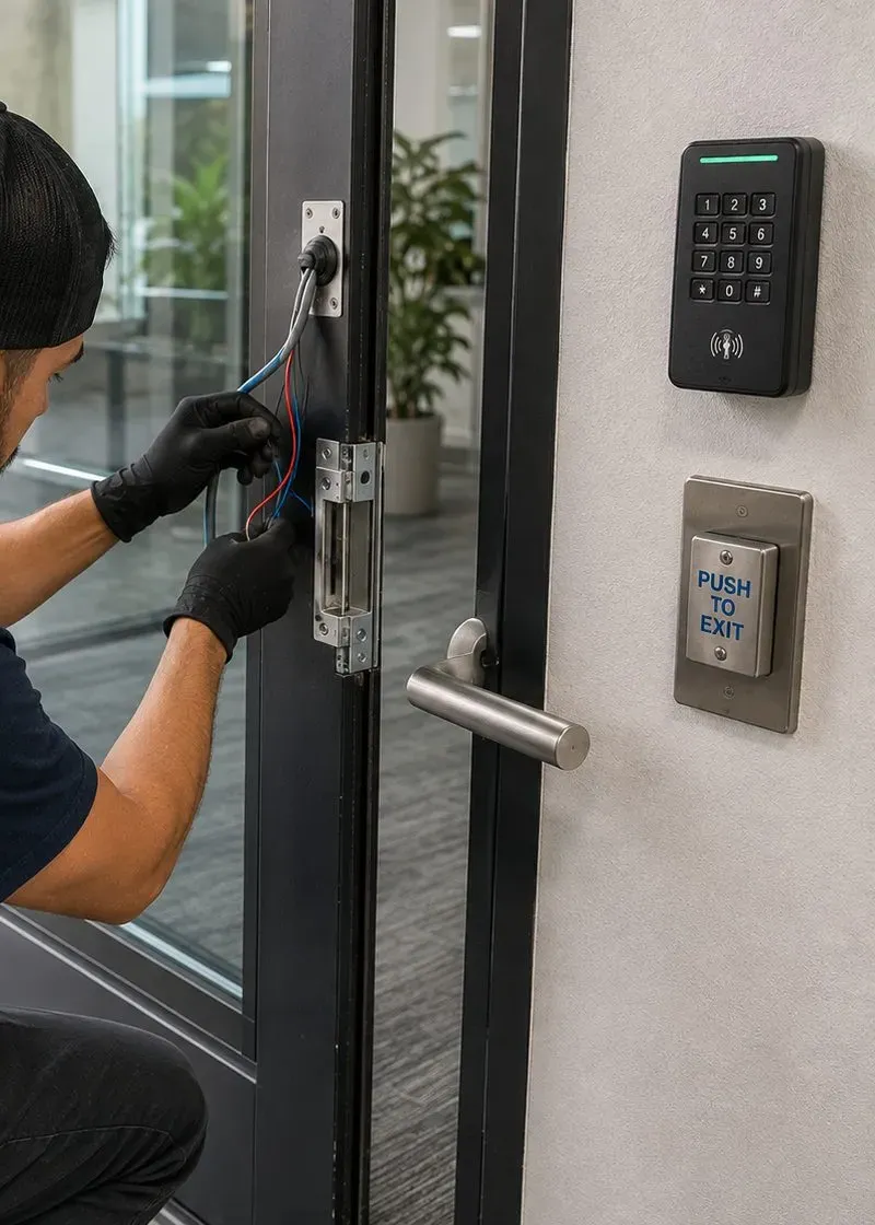 Strike wiring with keypad and push-to-exit button - storefront and suite keyless entry, Upper West Side, Manhattan Wiring an electric strike beside a keypad and push-to-exit button, Upper West Side Manhattan shop door