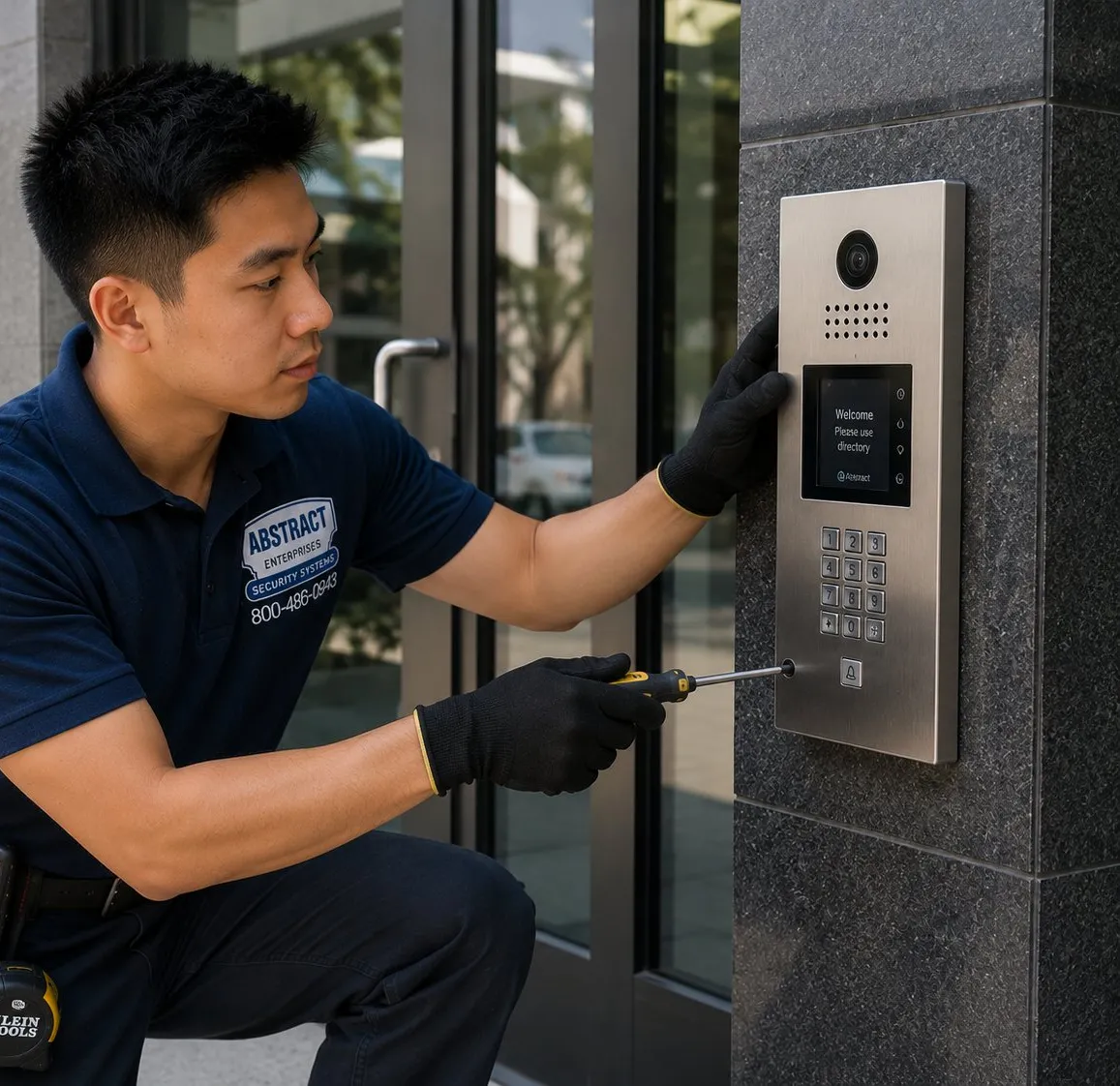 Stainless video intercom with keypad fixed to a stone wall - street-door entry near Washington Heights, Manhattan Technician fastening a stainless video intercom panel with keypad to a granite entrance wall, Washington Heights Manhattan