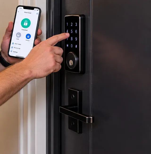 Apartment-door keypad smart lock tested with a phone app, West Brighton Staten Island Testing a keypad smart lock on a dark apartment door with the phone app showing Unlocked, for West Brighton, Staten Island apartment residents