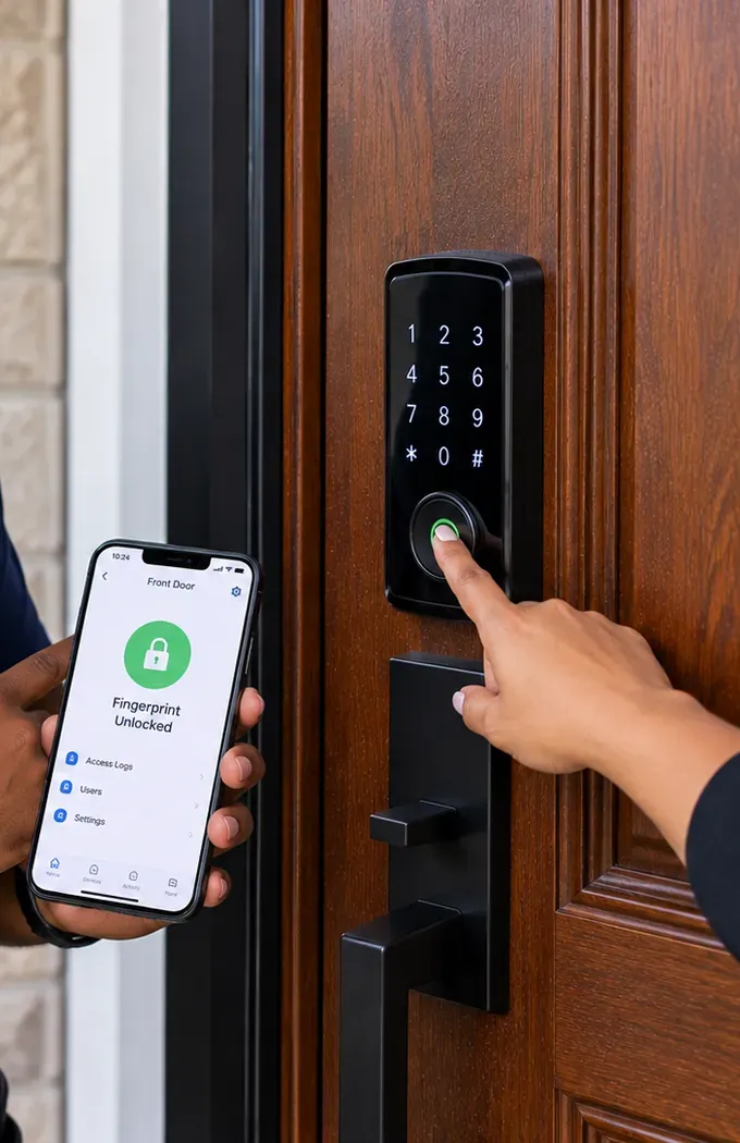 Fingerprint reader on a keypad smart lock with app confirmation, West Brighton Staten Island Fingerprint smart lock test for West Brighton, Staten Island homes: a finger on the keypad sensor while a phone shows Fingerprint Unlocked