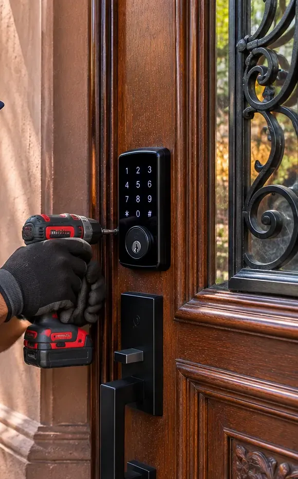Cordless drill fastening a keypad smart lock on a wood door with iron grille glass, West Brighton Staten Island Driving the mounting screws of a keypad smart lock with a cordless drill on a wood door beside a decorative iron grille, West Brighton, Staten Island guide