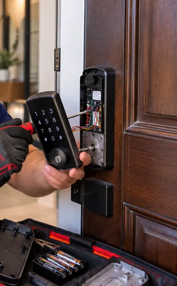 Checking the wiring behind a smart lock keypad during a repair, West Brighton Staten Island Smart lock repair for West Brighton, Staten Island: gloved hands holding a keypad unit away from a wood door to check the wiring behind it