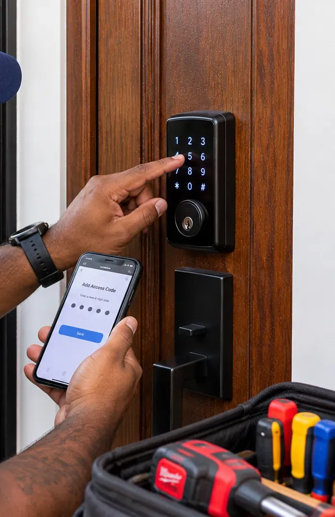 Phone showing an Add Access Code screen beside a keypad smart deadbolt, West Brighton Staten Island Adding a new access code in a smart lock app while pressing the keypad, for West Brighton, Staten Island apartments and offices