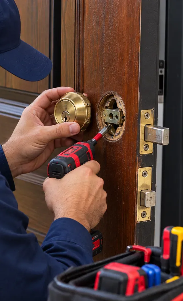 Old brass deadbolt being unscrewed from a wood door, West Brighton Staten Island smart lock preparation Removing an old brass deadbolt from a wood door before fitting a smart lock, smart lock installation guide for West Brighton, Staten Island