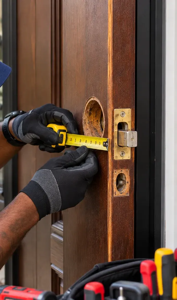 Tape measure across an empty deadbolt bore on a wood door, smart lock planning for West Brighton Staten Island Measuring the backset from the door edge to an empty deadbolt bore before a smart lock installation, West Brighton, Staten Island guide