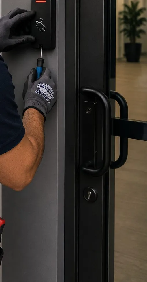 Mounting a card reader beside a glass storefront door - Williamsburg Brooklyn business smart lock Card reader being screwed onto a grey door frame beside a glass door pull handle, Williamsburg Brooklyn business entry