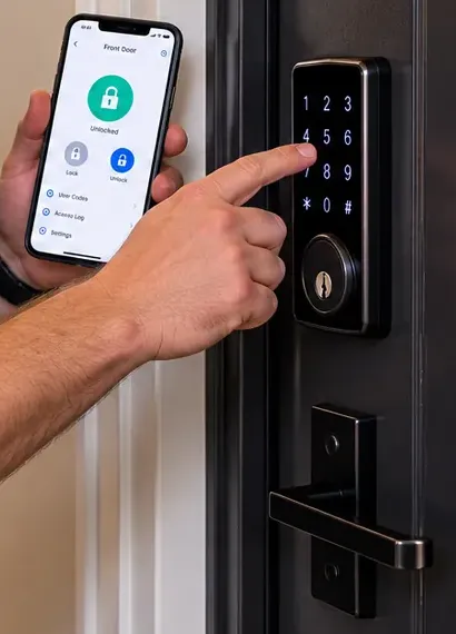 Testing a keypad deadbolt against its app on a corridor unit door - Williamsburg Brooklyn Finger pressing a keypad deadbolt on a dark corridor unit door while the lock app shows Unlocked, Williamsburg Brooklyn