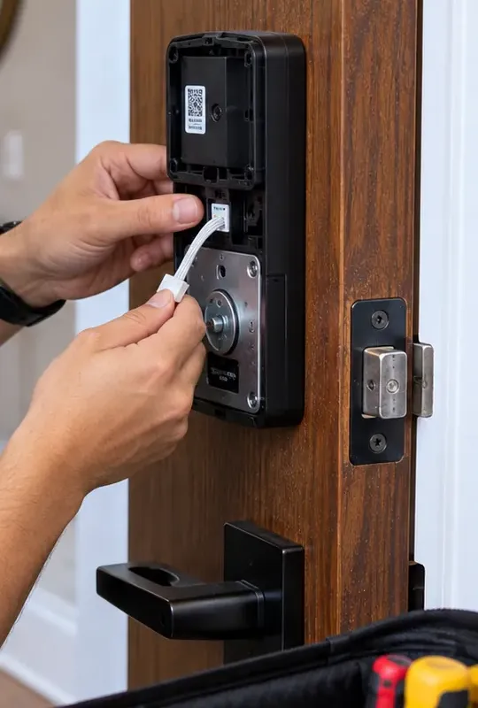 Reconnecting the interior unit ribbon cable of a smart deadbolt - Williamsburg Brooklyn repair Smart lock repair Williamsburg Brooklyn: hands reconnecting the ribbon cable inside an opened smart deadbolt interior unit