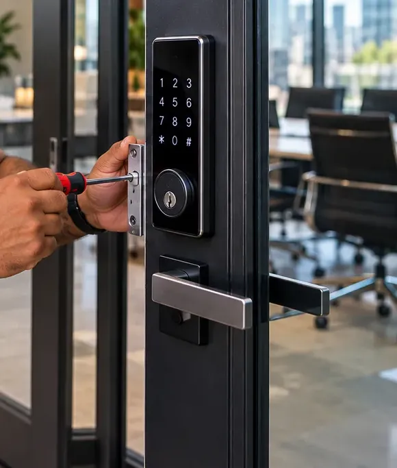 Keypad deadbolt on a dark glass door, latch plate being fastened - Williamsburg Brooklyn smart lock Smart lock installation Williamsburg Brooklyn: keypad deadbolt and lever on a dark-framed glass door while a latch plate is screwed in
