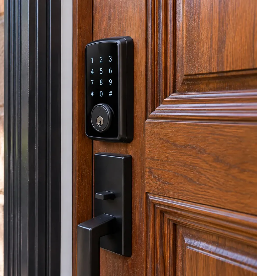 Keypad deadbolt and handleset on a wood panel door with a stone jamb - Williamsburg Brooklyn Williamsburg Brooklyn smart lock: black keypad deadbolt and handleset on a raised-panel wood door beside a stone door jamb