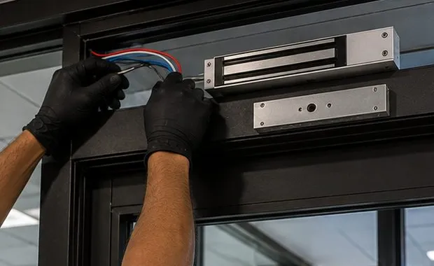 Wiring a magnetic lock on a door header - Williamsburg Brooklyn commercial keyless door Gloved hands wiring a magnetic lock on the header of a black aluminium door frame, Williamsburg Brooklyn venue entrance