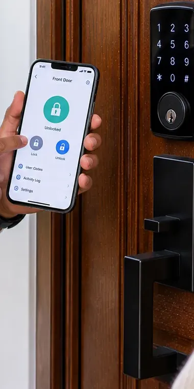 Lock app Unlocked screen next to the keypad deadbolt at handover - Williamsburg Brooklyn Phone showing a lock app Unlocked screen held beside a keypad deadbolt on a wood door, Williamsburg Brooklyn handover