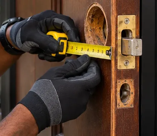 Tape measure across an old deadbolt bore to check backset - Williamsburg Brooklyn door survey Measuring the backset of an old worn deadbolt bore on a wood door before a smart lock, Williamsburg Brooklyn