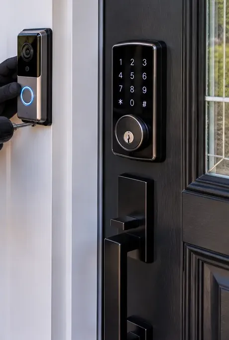 Video doorbell fitted beside a keypad deadbolt - Williamsburg Brooklyn smart entry Video doorbell being screwed to a white door casing next to a keypad deadbolt and black handleset, Williamsburg Brooklyn