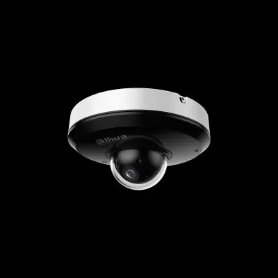 Dahua mini pan-tilt dome camera â Manhattan Smart PSS reference photo Manhattan Smart PSS support product photo: a Dahua mini pan-tilt dome camera with a white mounting base, black body with the Dahua logo and a clear lens bubble, on a black background