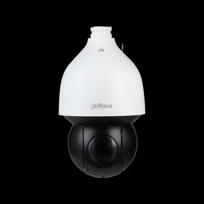 Dahua white PTZ dome camera — Ulster County SmartPSS reference photo Ulster County SmartPSS support product photo: a white Dahua pan-tilt-zoom dome camera with a dark lens bubble on a black background
