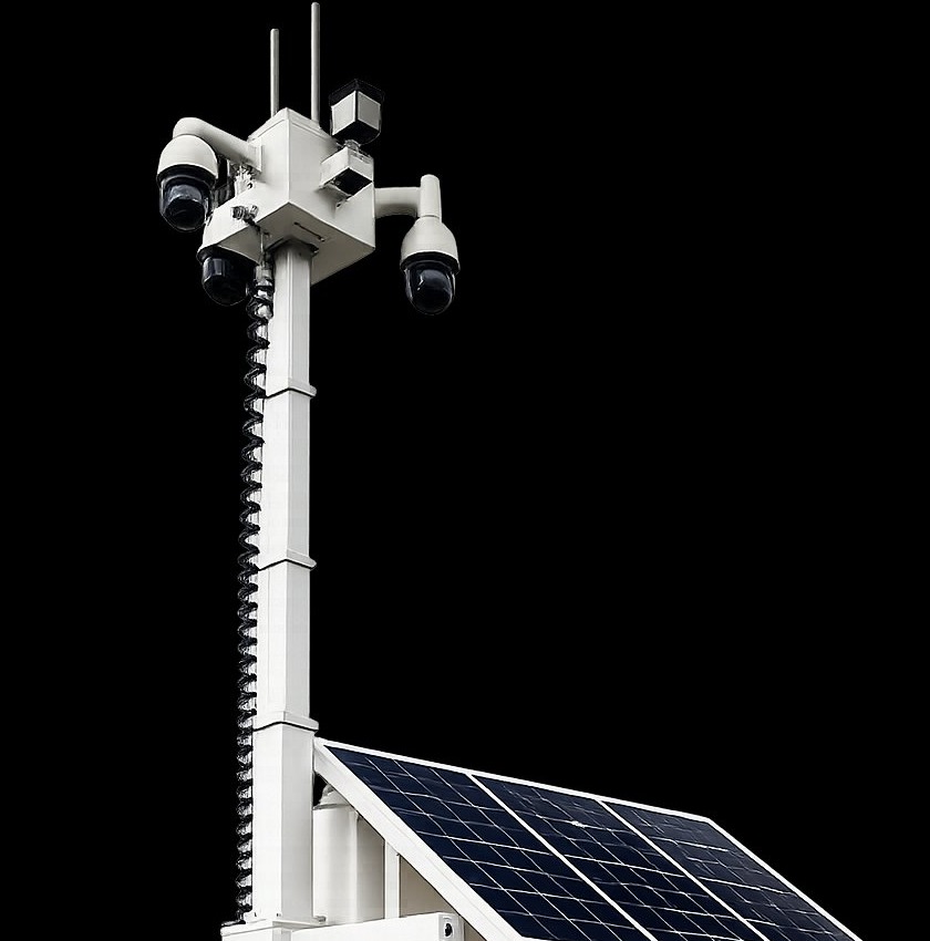 Abstract Enterprises solar surveillance trailer — mast extended with 4K PTZ cameras, dual solar panels, ready for NYC off-grid deployment