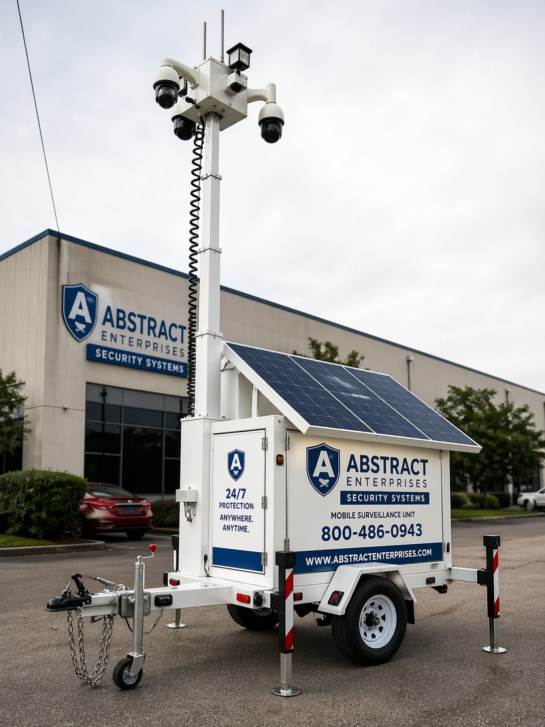 Abstract Enterprises solar surveillance trailer deployed outside commercial warehouse — mast raised with 4K PTZ cameras, solar panels, and branded 24/7 protection messaging