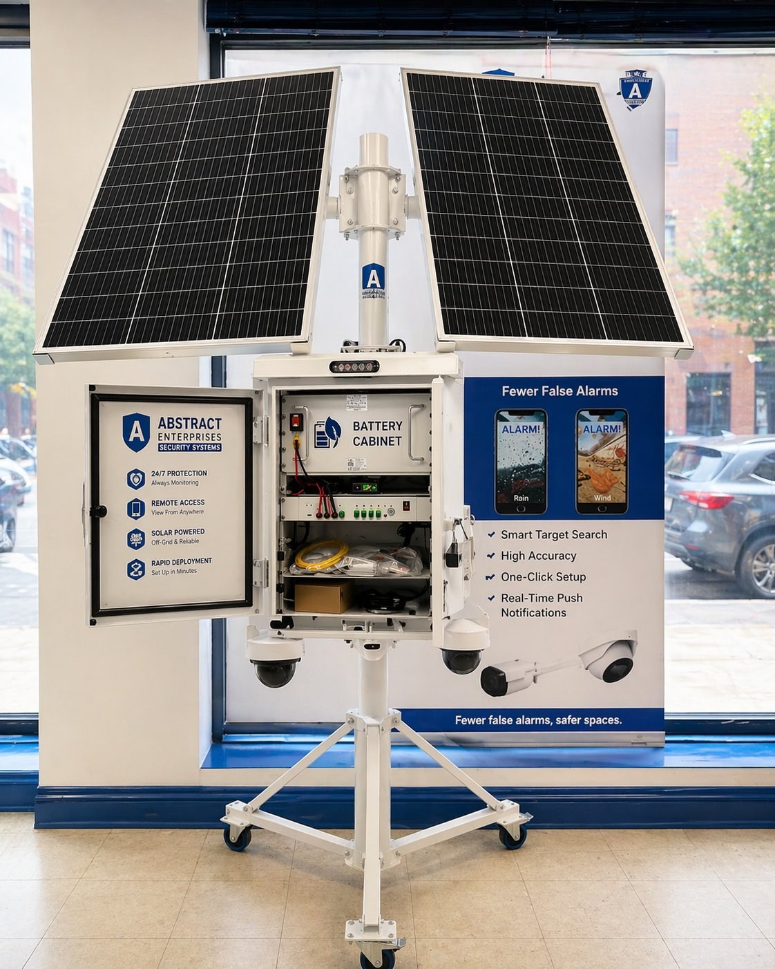Open battery cabinet on Abstract solar surveillance trailer — exposed lithium battery bank, charge controller, cellular router, PTZ cameras mounted below, solar panels above