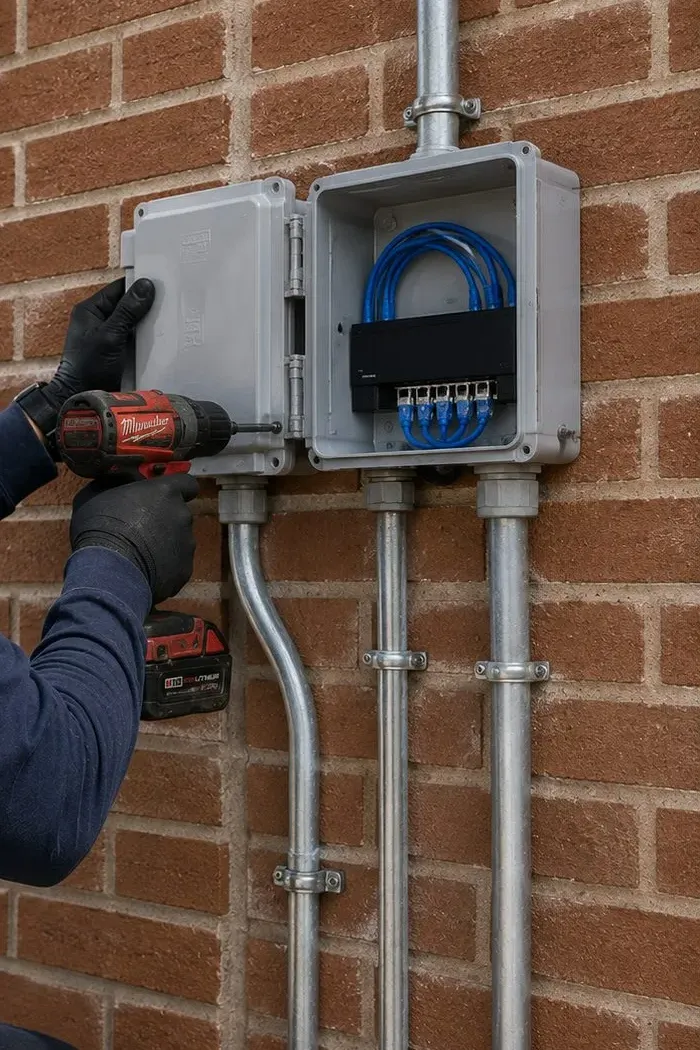 Sonos installation Astoria, Queens: grey weatherproof enclosure opened on a brick wall with a small switch and blue patch cables inside, three metal conduits running down