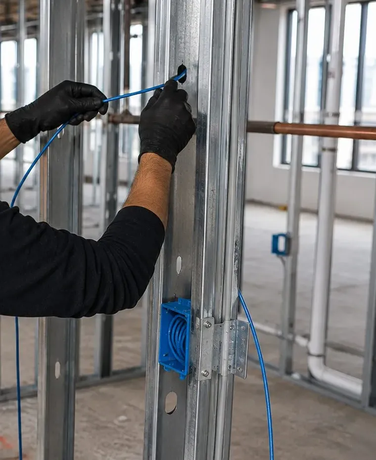 Sonos installation Astoria, Queens: gloved hands pulling blue cable through a punched hole in a steel stud, a blue electrical box fixed lower on the stud