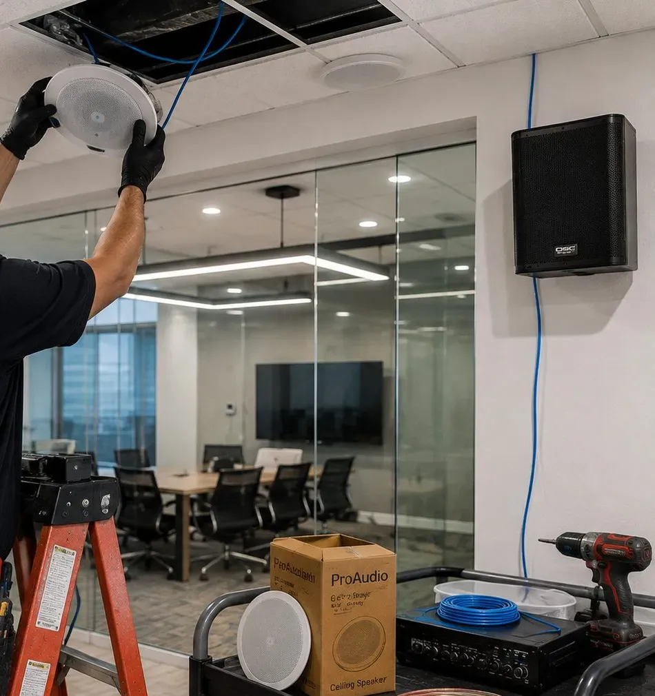 Sonos installation Astoria, Queens: gloved hand lifting a round speaker toward an open ceiling tile with blue cable, a black wall speaker and an amplifier on a rolling cart below