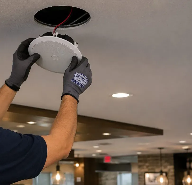 Sonos installation Astoria, Queens: gloved hands pressing a round white ceiling speaker up into a circular cut-out, red speaker leads visible inside the hole
