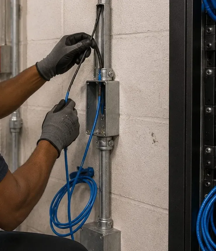 Sonos installation Astoria, Queens: gloved hands pulling a black cable out of a metal conduit pull box on a painted block wall, a coil of blue cable hanging below
