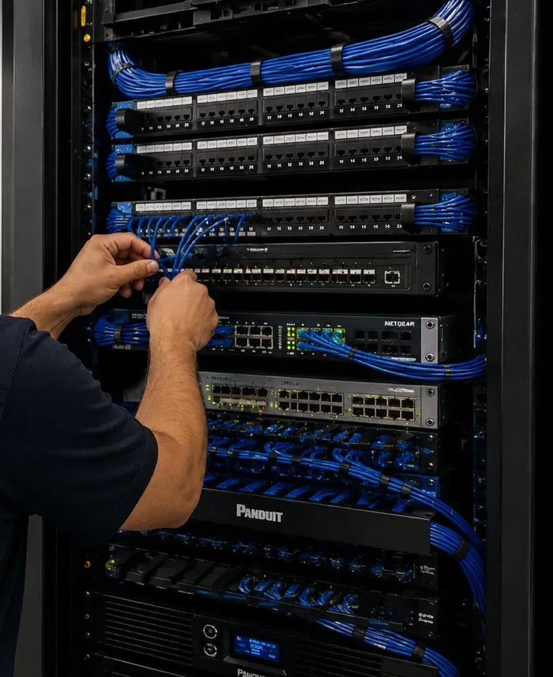 Sonos installation Astoria, Queens: arm dressing blue patch cables into a network switch in a black rack with patch panels above