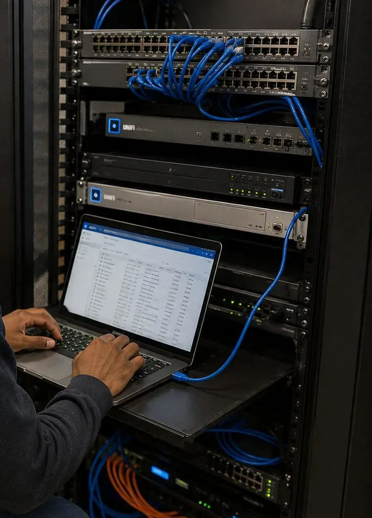 Sonos installation Astoria, Queens: hands typing on a laptop resting on a rack shelf below switches and network units connected with blue patch cables