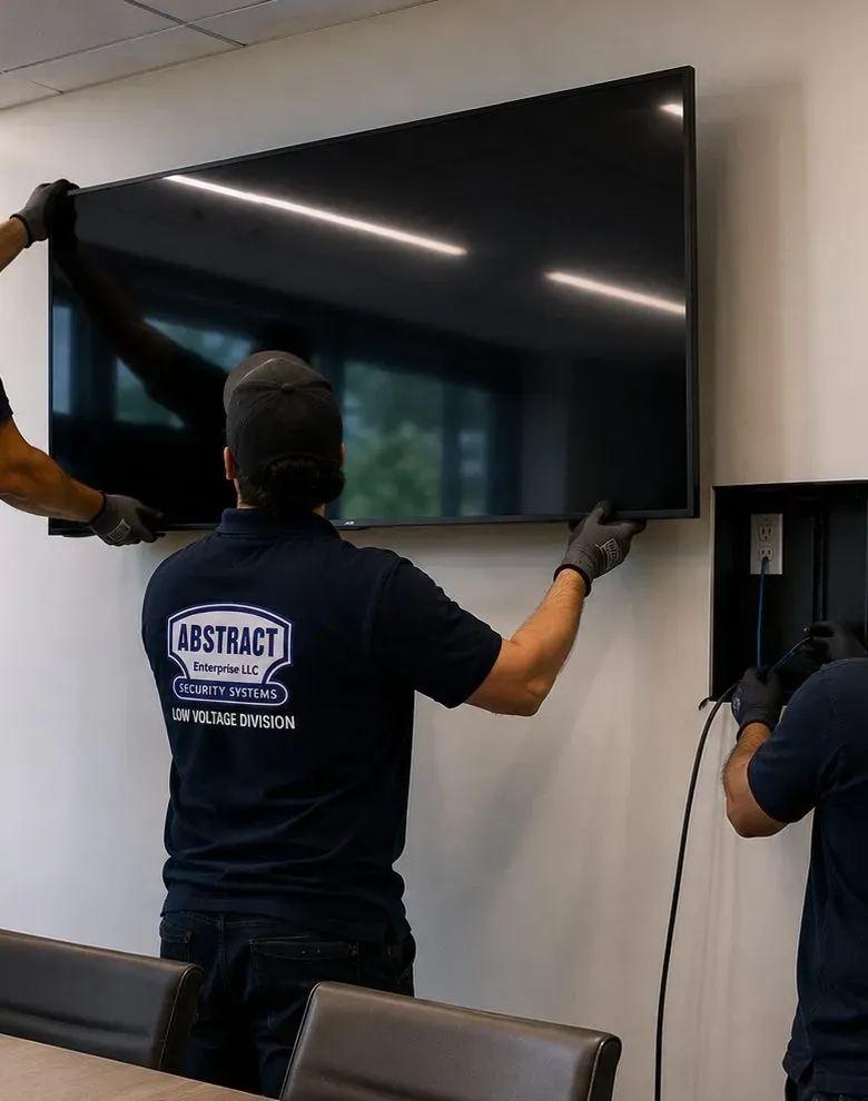 Sonos installation Astoria, Queens: technician seen from behind lifting a flat-screen onto a wall while a second gloved hand feeds a cable into a recessed box with an outlet