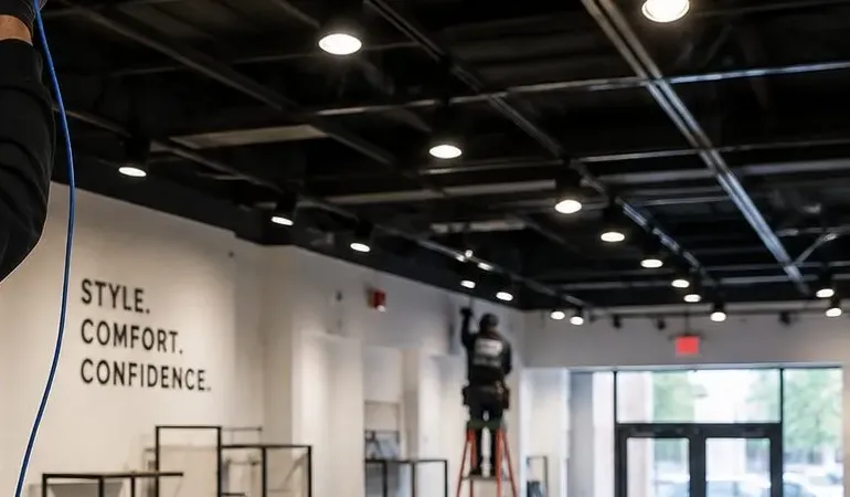Sonos installation Astoria, Queens: open black ceiling of a retail space with track lights, a blue cable hanging down at the left and a worker on a ladder in the background