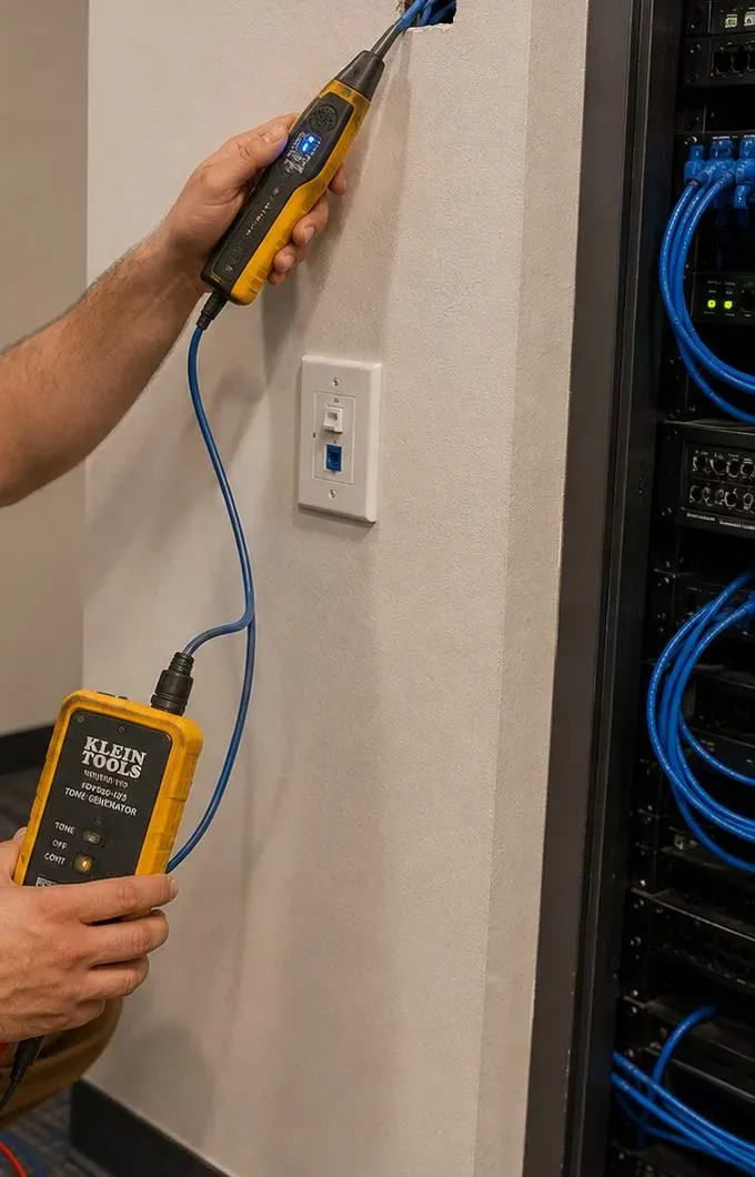 Sonos installation Astoria, Queens: hand holding a tone probe at a wall opening above a data wall plate, the other hand holding a yellow tone generator on a blue cable