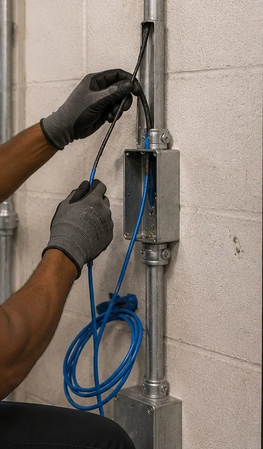 Sonos installation Battery Park City, Manhattan: gloved hands pulling a black cable from a metal conduit box on a painted concrete-block wall, a coil of blue cable hanging below