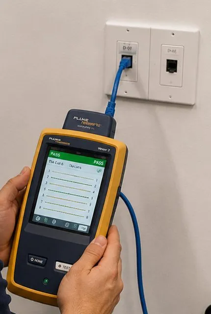Sonos installation Battery Park City, Manhattan: hands holding a yellow handheld cable tester showing a pass screen, its blue patch lead plugged into a white wall plate